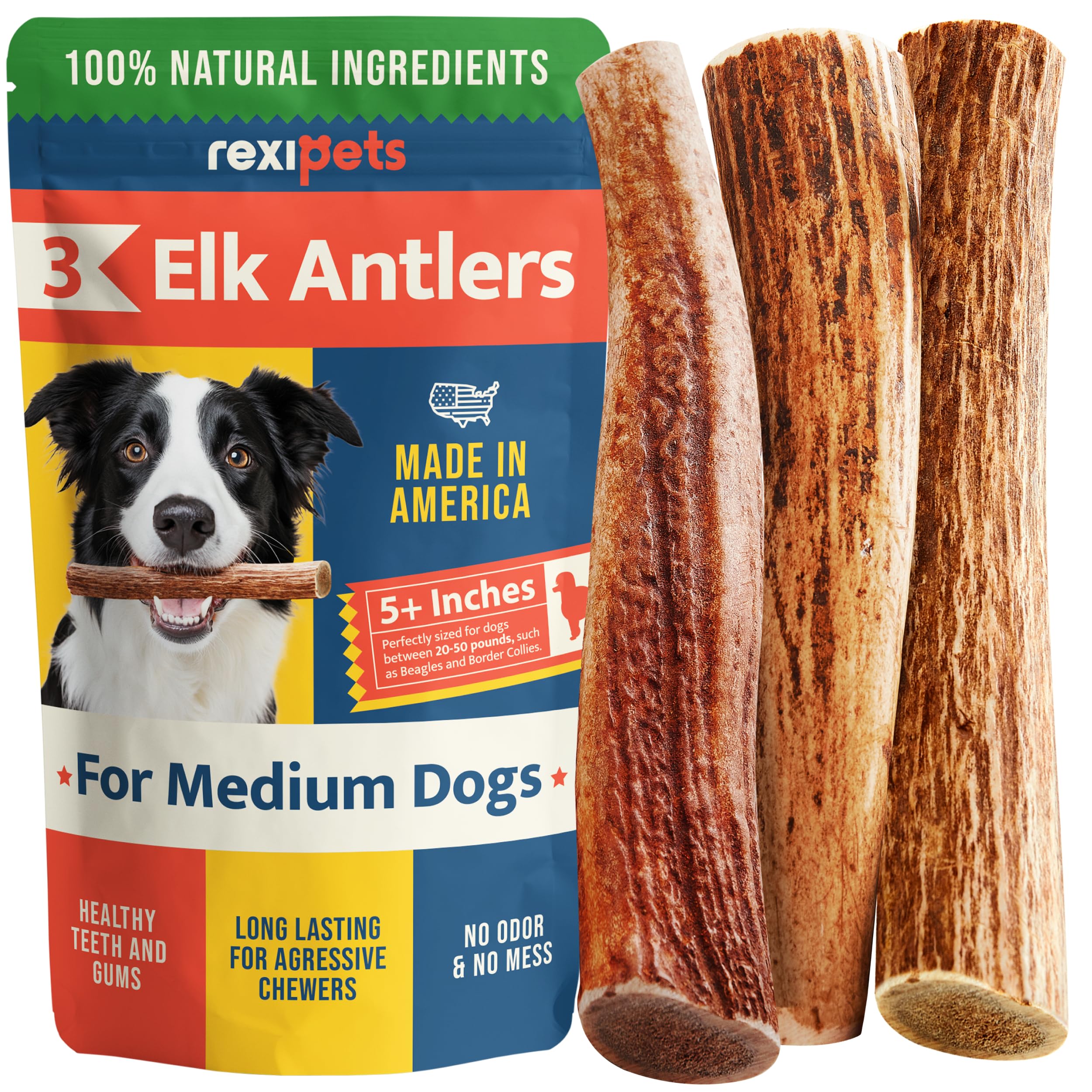 100% Natural - Antlers for Dogs - Naturally Shed in USA - Grade A Long Lasting Chew for Aggressive Chewers - Elk Antlers Dog Antler Chews - Real, Healthy Treats & Toys - No Odor & No Mess - Small