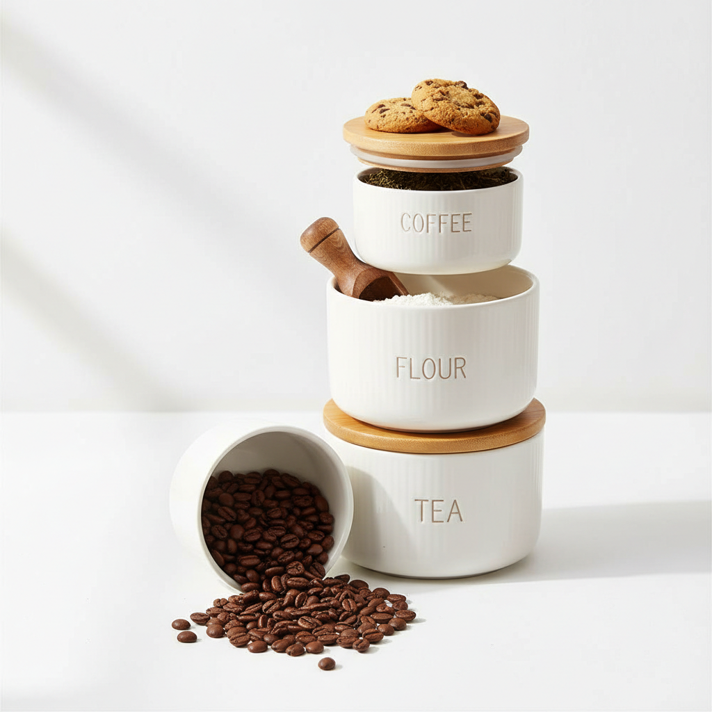 Kitchen Canisters 58 FL OZ Ceramic Food Storage Jar, Stackable Containers with Airtight Seal Wooden Lid for Serving Coffee Bean, Flour, Tea, Cookies and More (Navy)